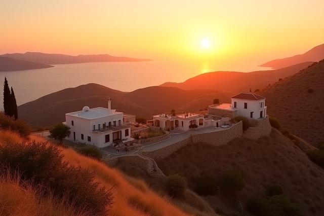 Γραφικό τοπίο της Κρήτης το ηλιοβασίλεμα, που συμβολίζει την έμπνευση της Helios Dwellings